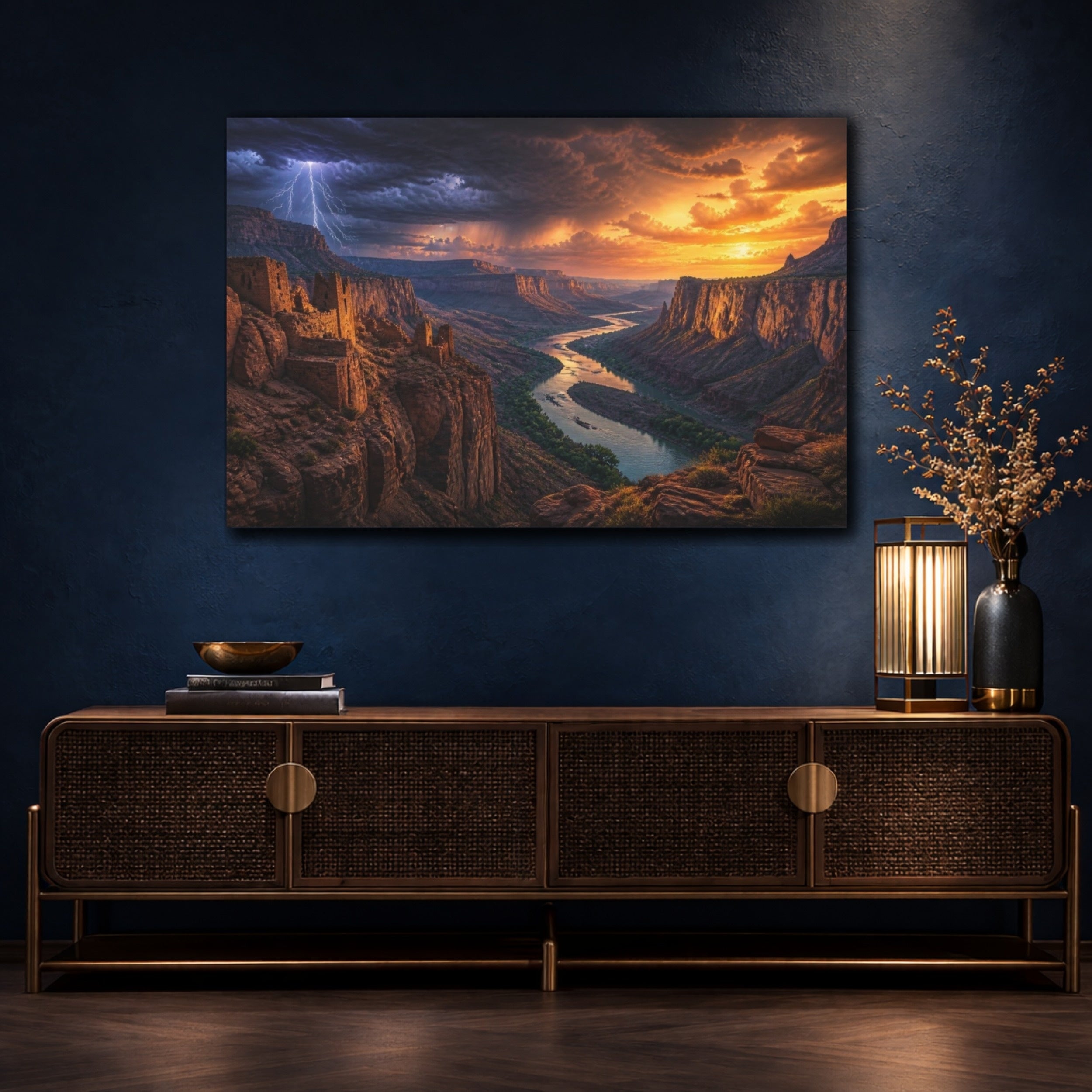 Mockup 4. Canyon River Landscape At Sunset shown as canvas print