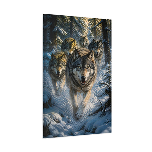 Main Mockup. Charging Wolf Pack Animals shown as canvas print