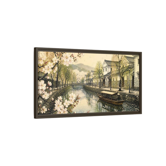 Main Mockup. Cherry Blossom Canal shown as framed canvas print