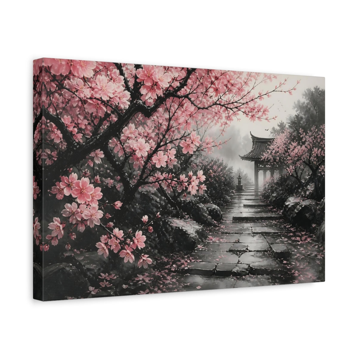 Side Mockup 4. Cherry Blossom Garden Path shown as canvas print