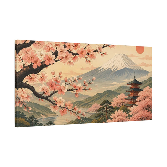Main Mockup. Cherry Blossom Pagoda Sunset shown as canvas print
