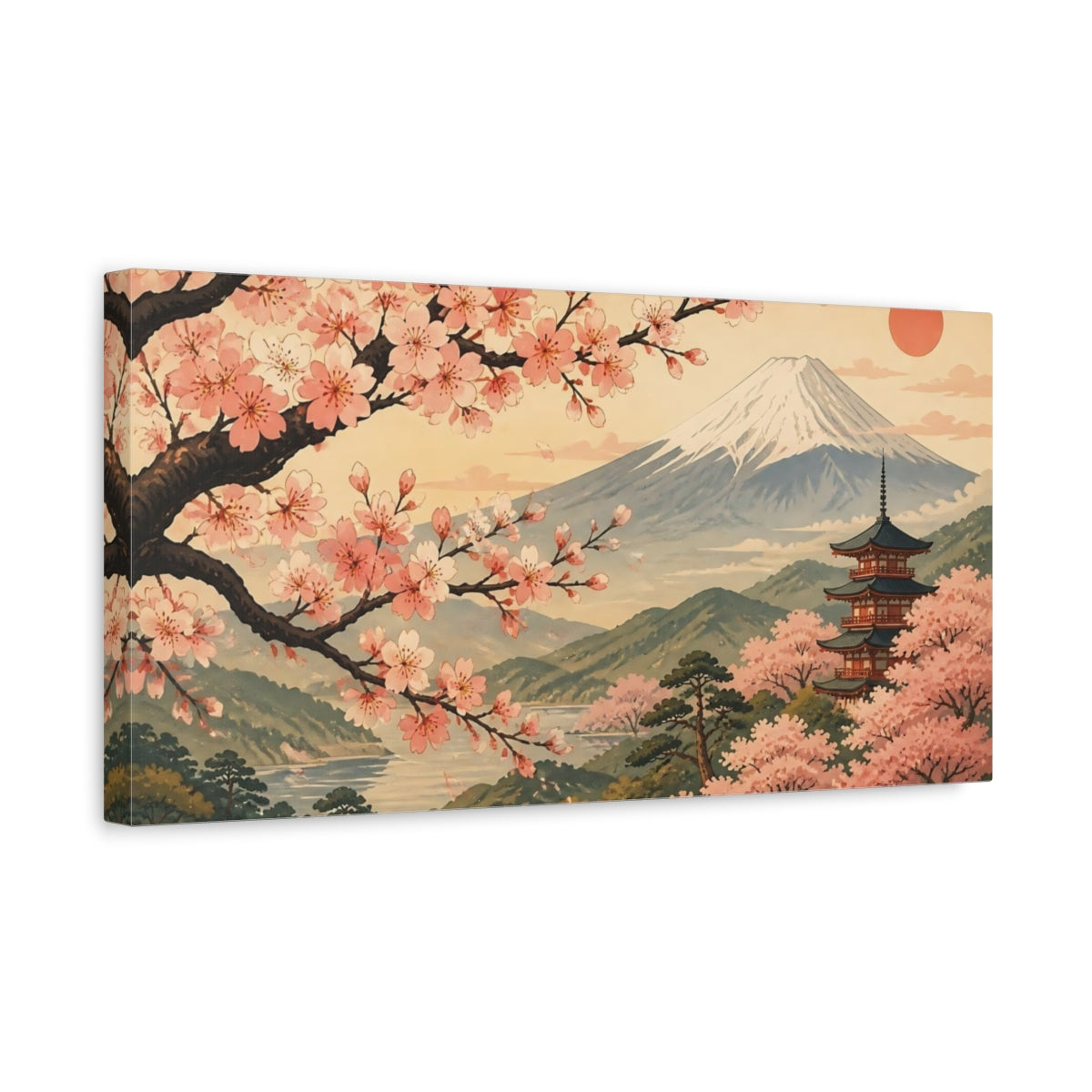 Side Mockup 3. Cherry Blossom Pagoda Sunset shown as canvas print
