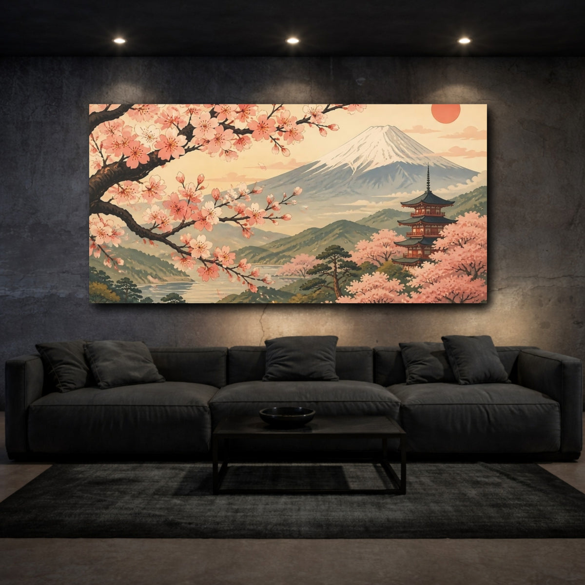 Mockup 3. Cherry Blossom Pagoda Sunset shown as canvas print