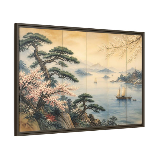 Main Mockup. Cherry Blossom Seascape shown as framed canvas print