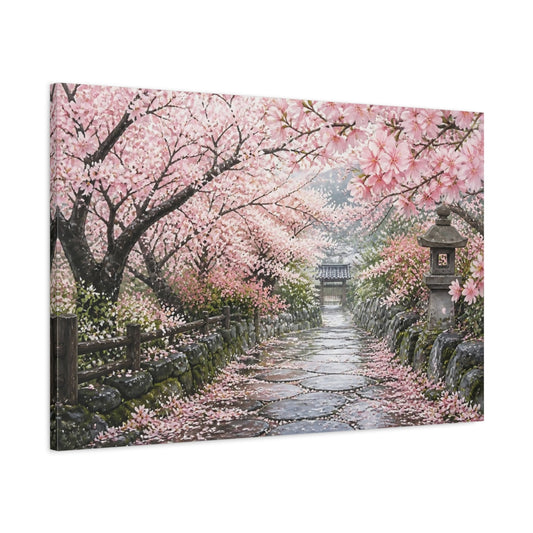 Main Mockup. Cherry Blossom Stone Path shown as canvas print