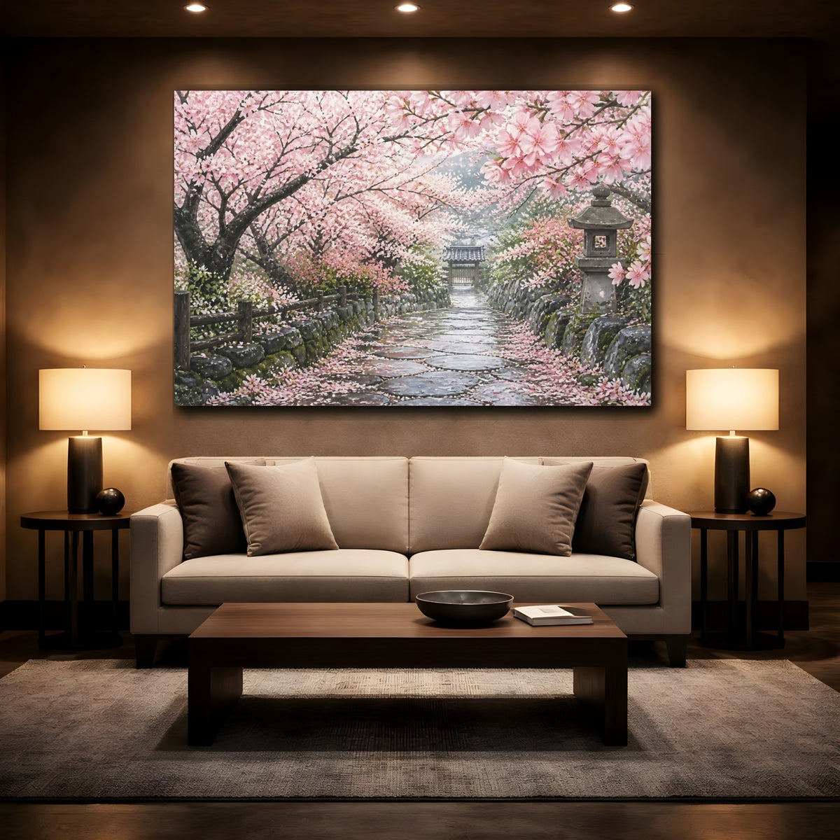 Mockup 2. Cherry Blossom Stone Path shown as canvas print