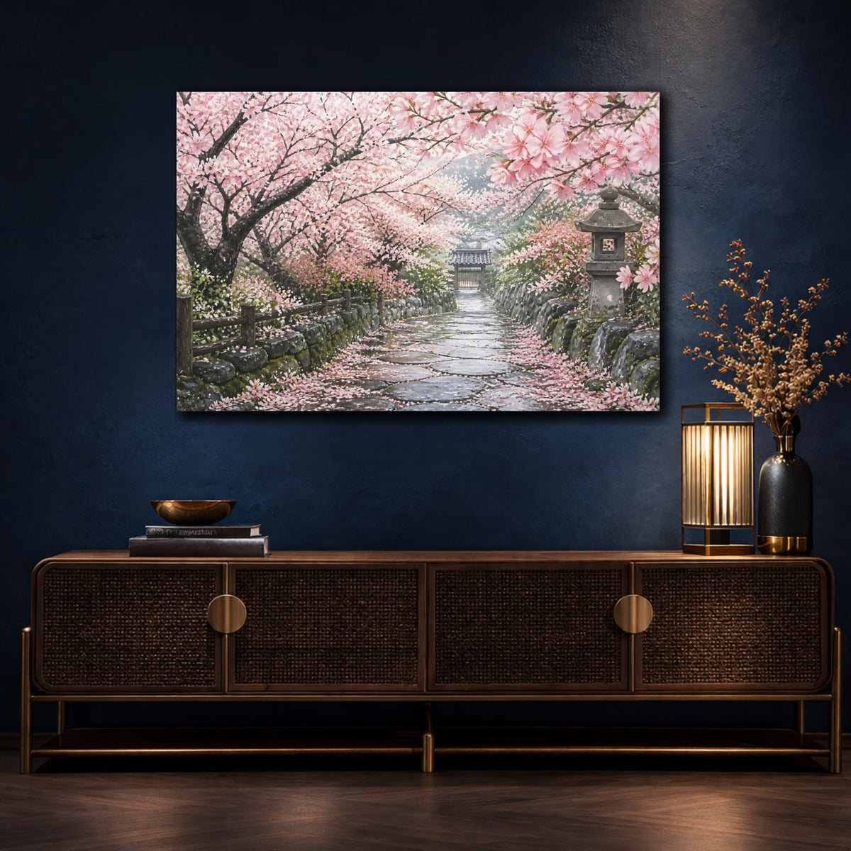 Mockup 4. Cherry Blossom Stone Path shown as canvas print
