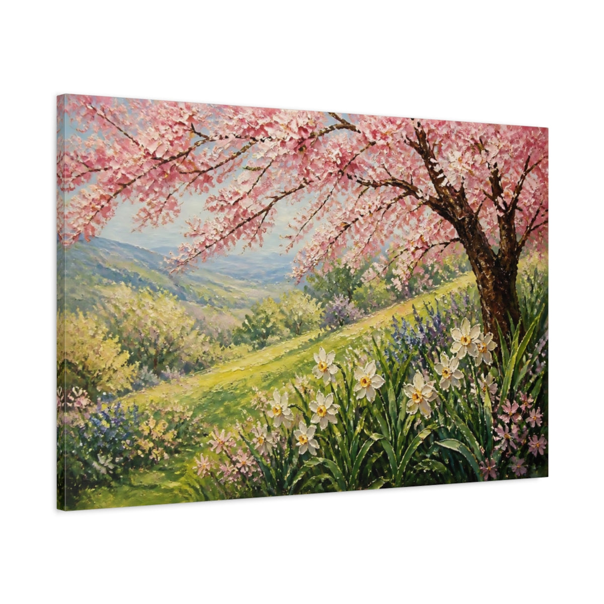 Main Mockup. Cherry Tree With Daffodils shown as canvas print
