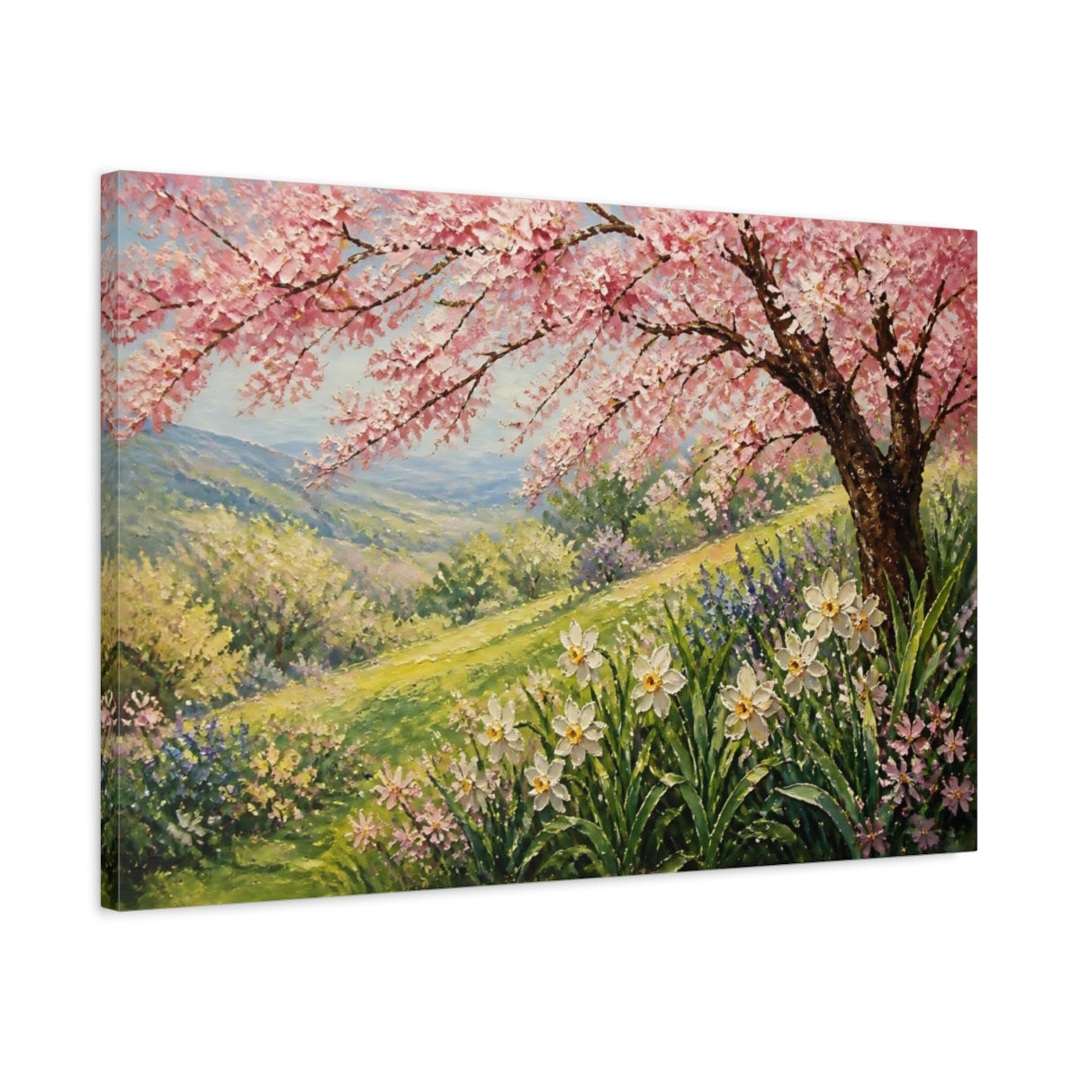 Side Mockup 2. Cherry Tree With Daffodils shown as canvas print