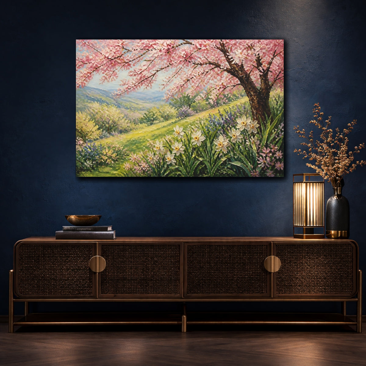 Mockup 4. Cherry Tree With Daffodils shown as canvas print