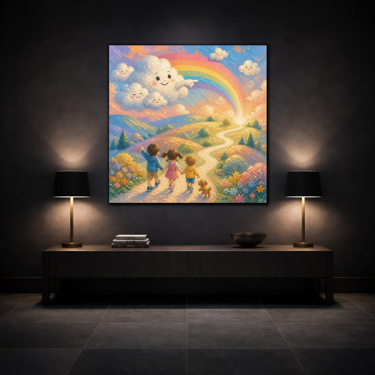 Mockup 3. Children On Rainbow Path shown as canvas print