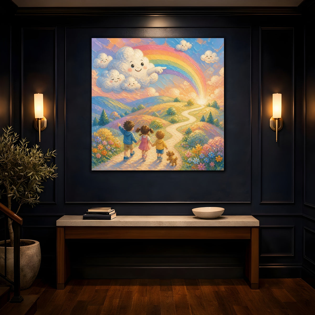 Mockup 4. Children On Rainbow Path shown as canvas print