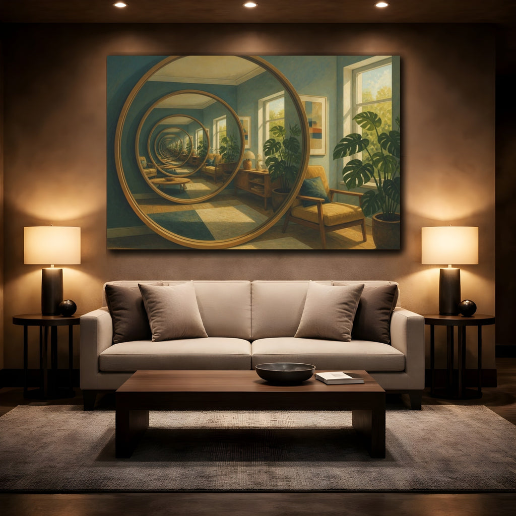 Mockup 2. Circular Mirror Illusion shown as canvas print