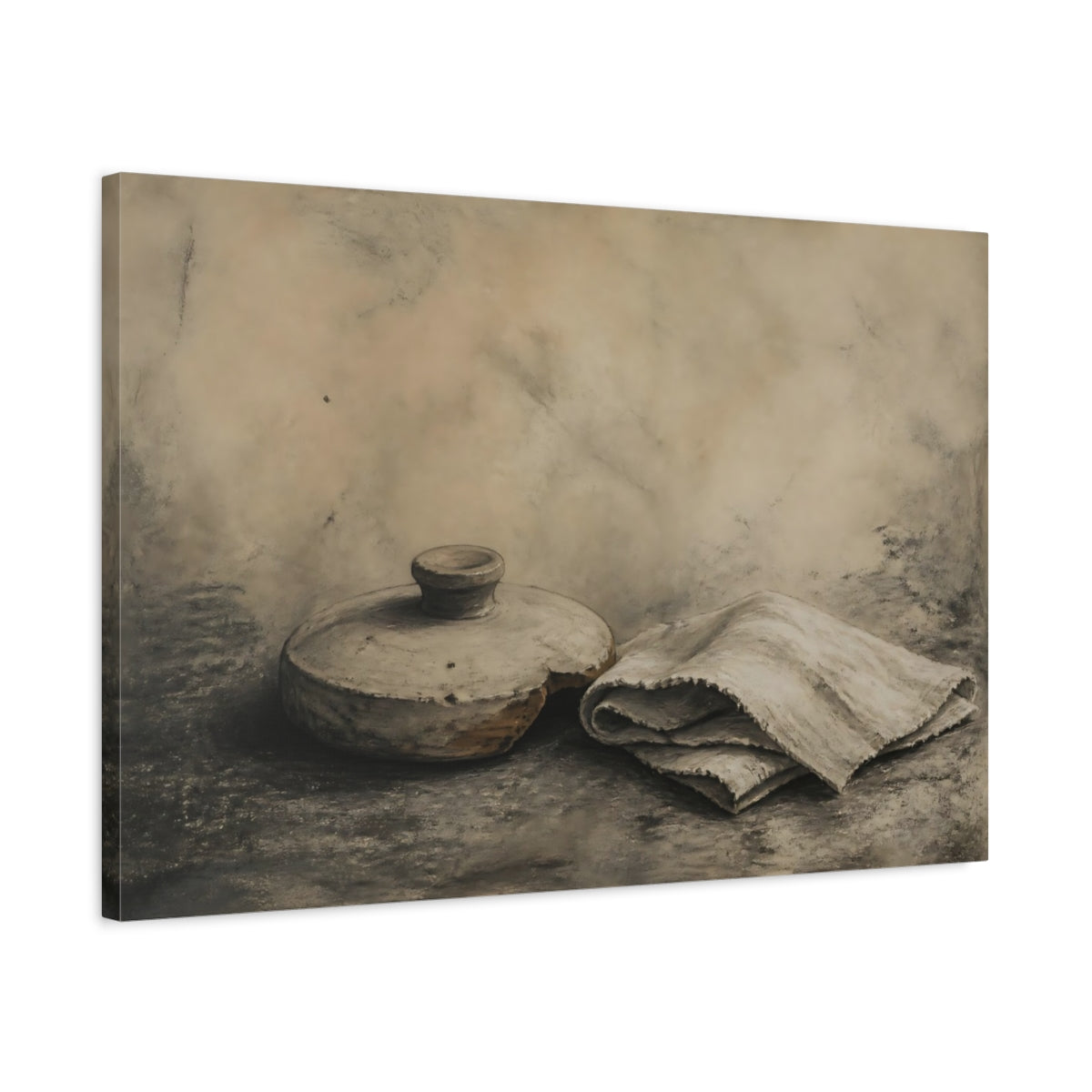 Side Mockup 2. Clay Lid And Folded Cloth shown as canvas print