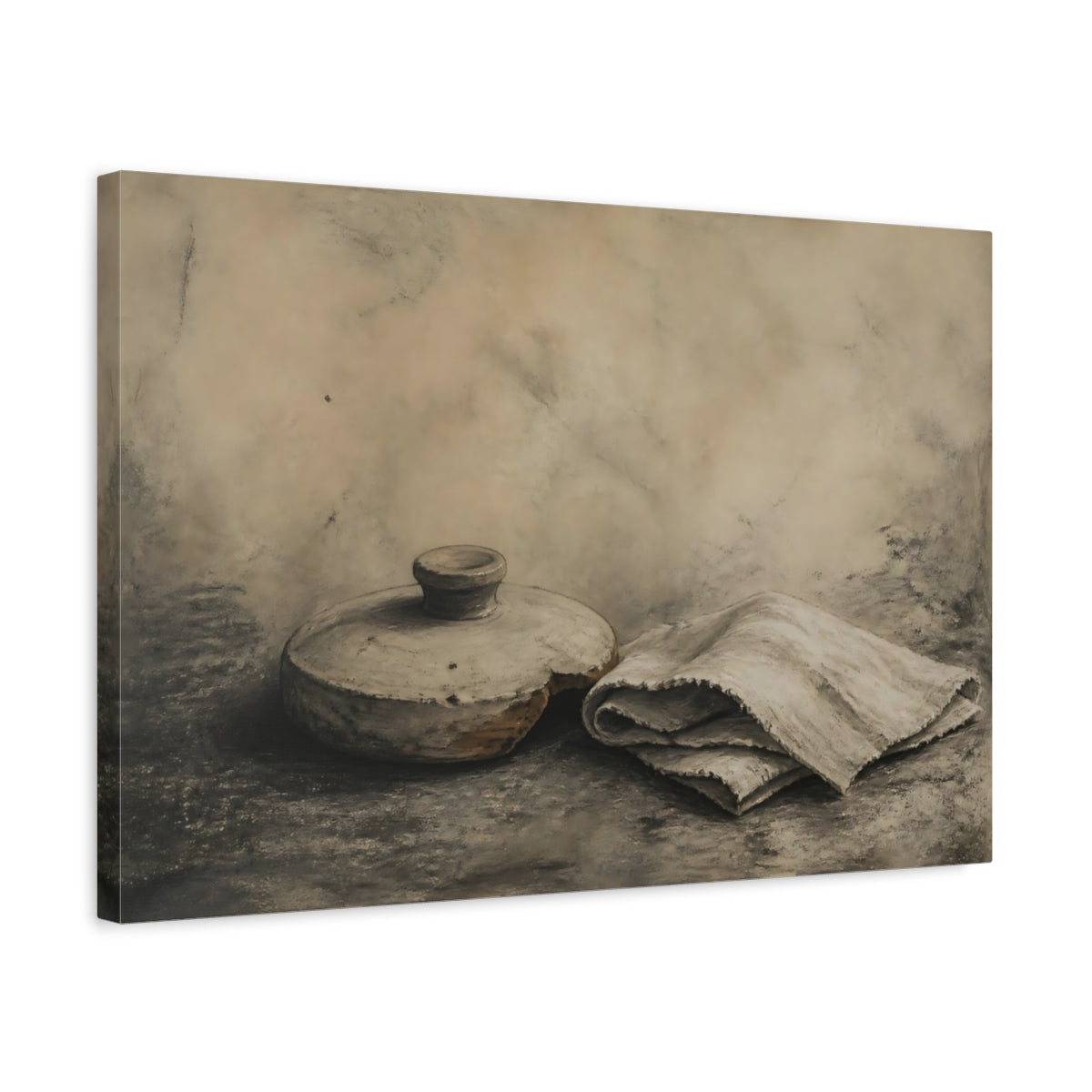 Side Mockup 3. Clay Lid And Folded Cloth shown as canvas print