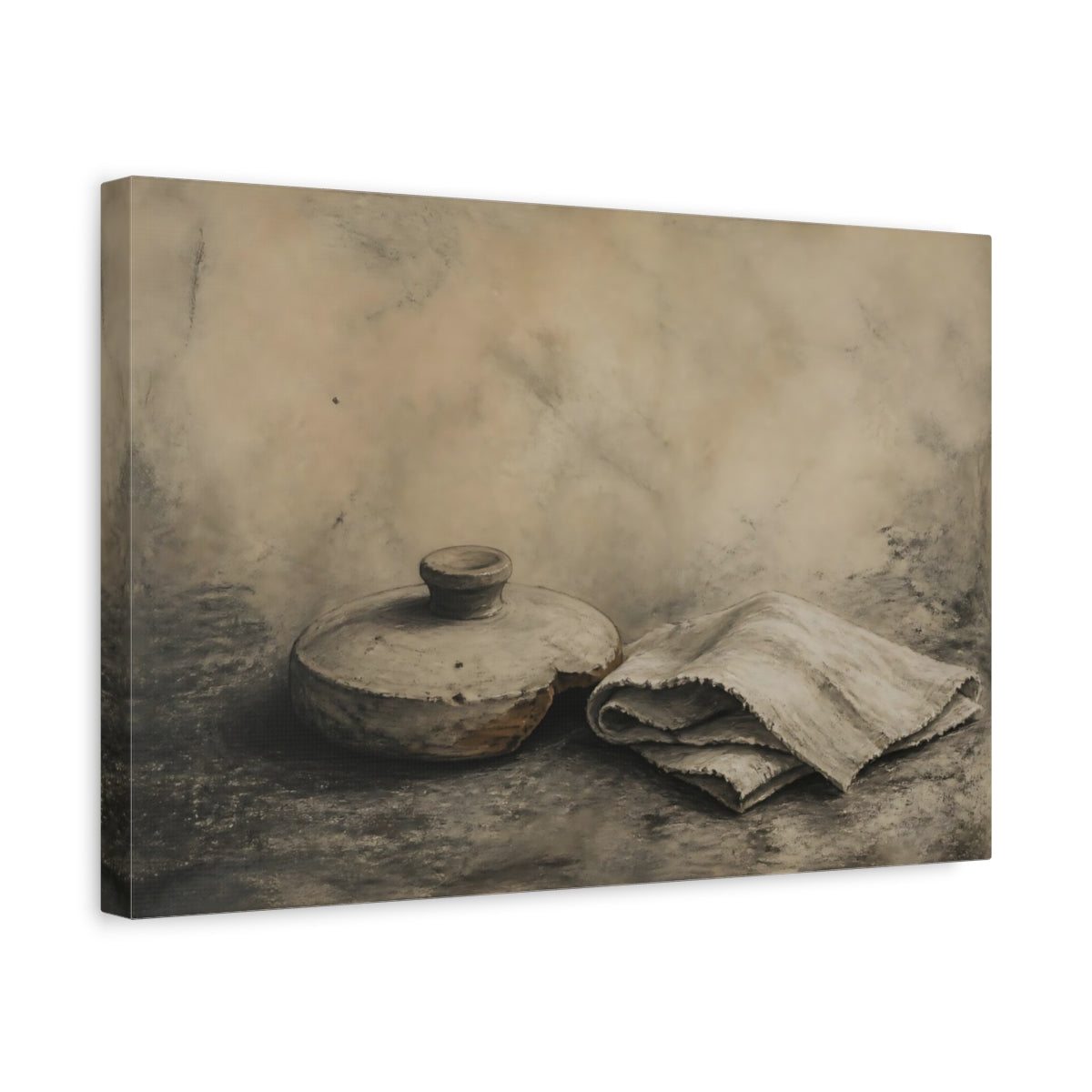 Side Mockup 4. Clay Lid And Folded Cloth shown as canvas print