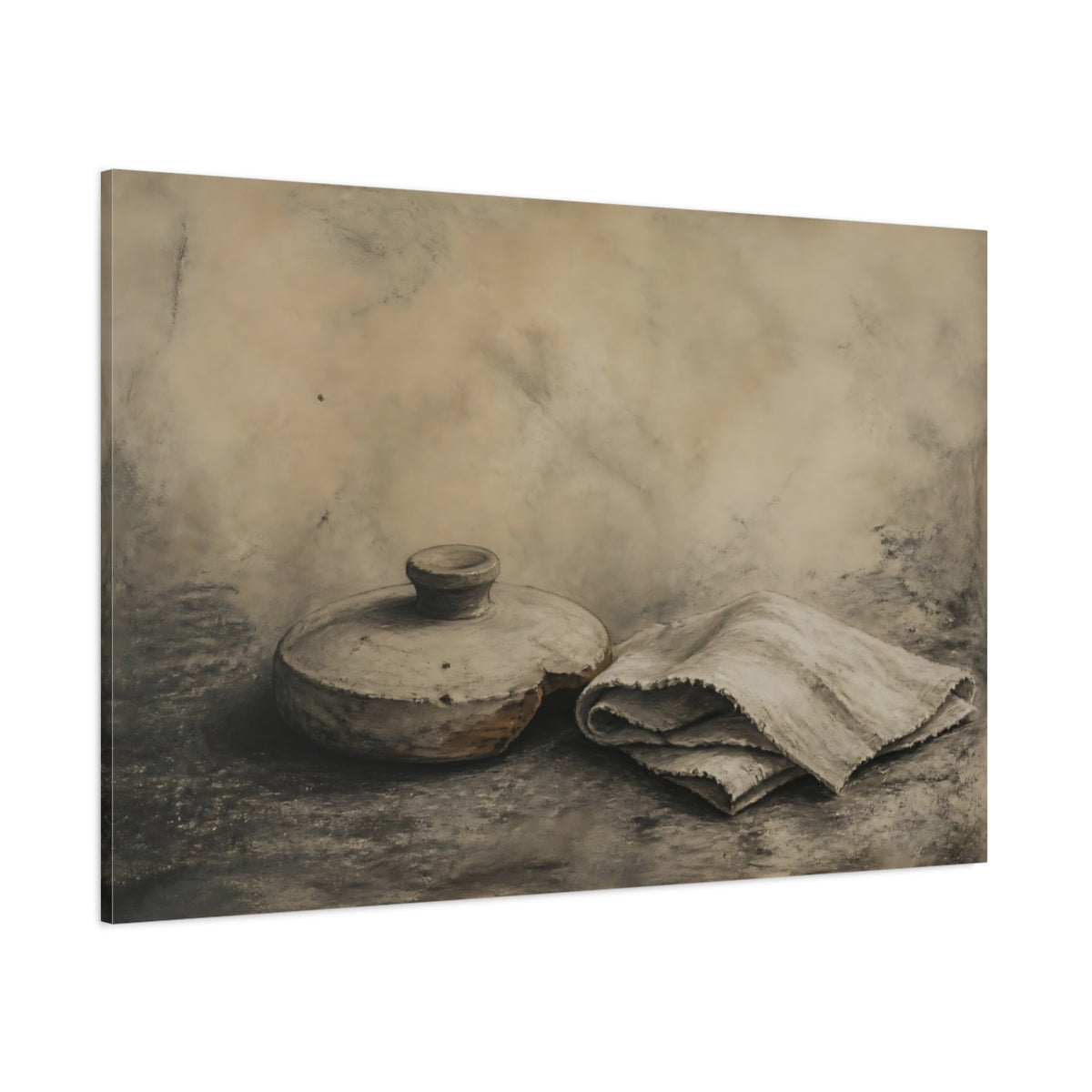 Side Mockup 1. Clay Lid And Folded Cloth shown as canvas print