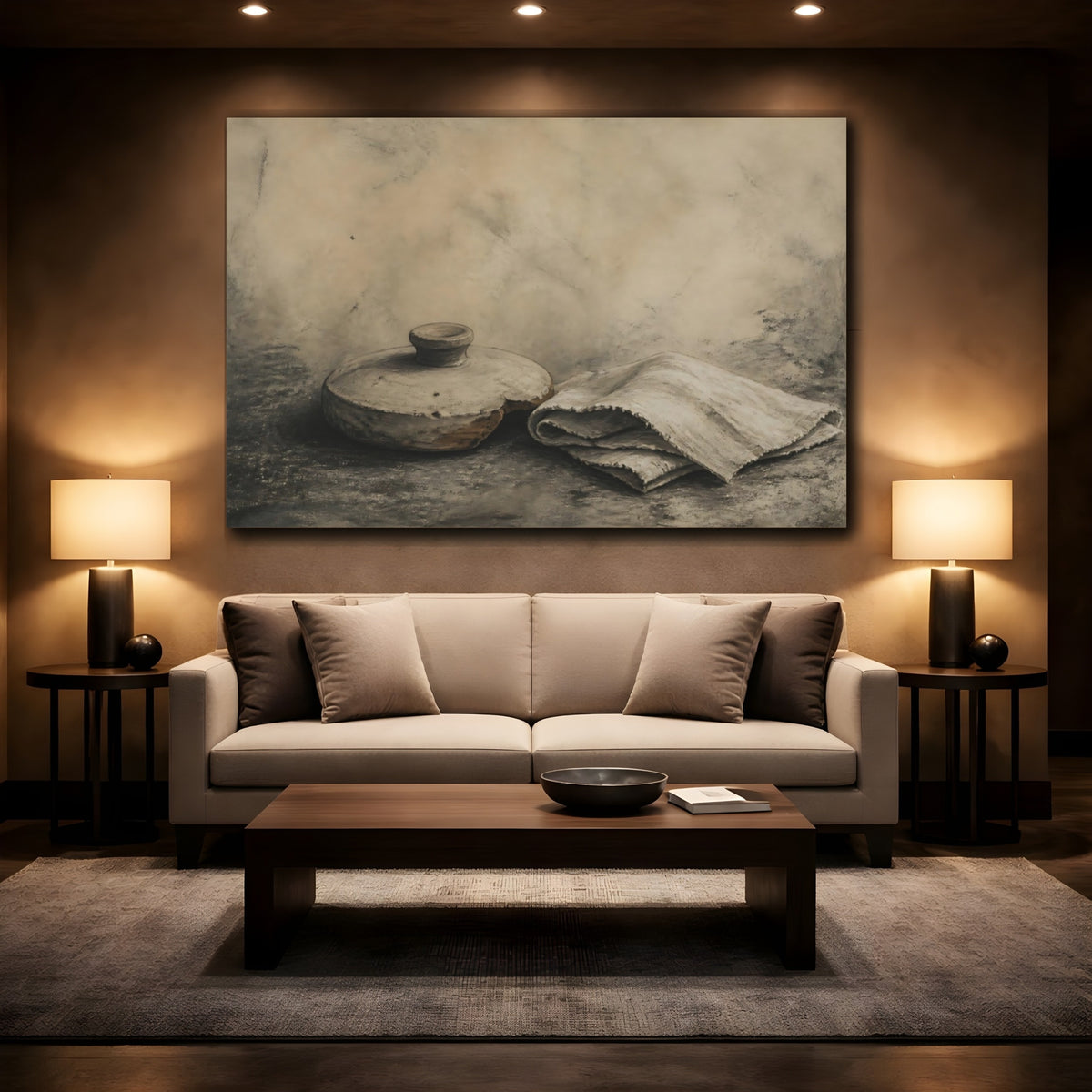 Mockup 2. Clay Lid And Folded Cloth shown as canvas print