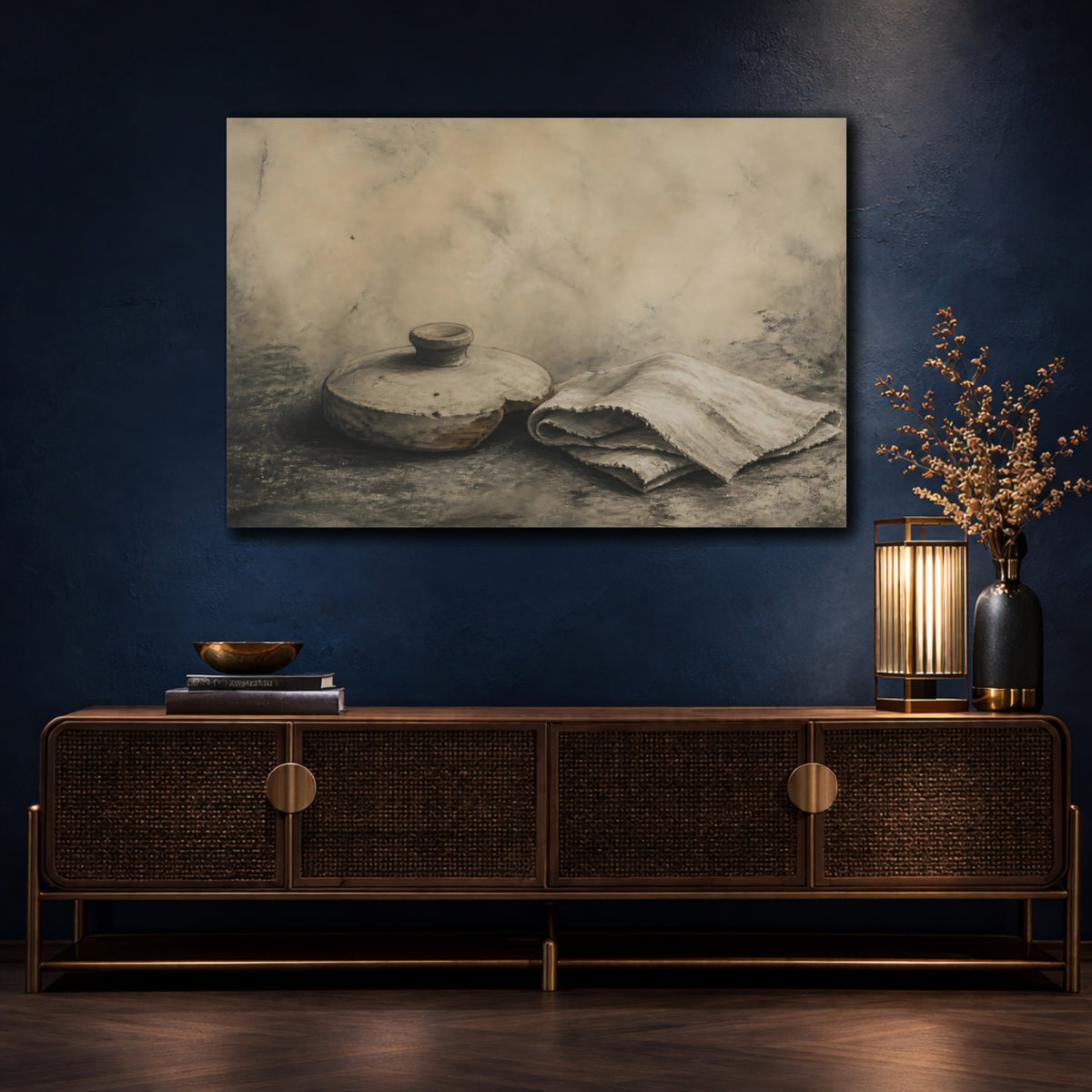 Mockup 4. Clay Lid And Folded Cloth shown as canvas print