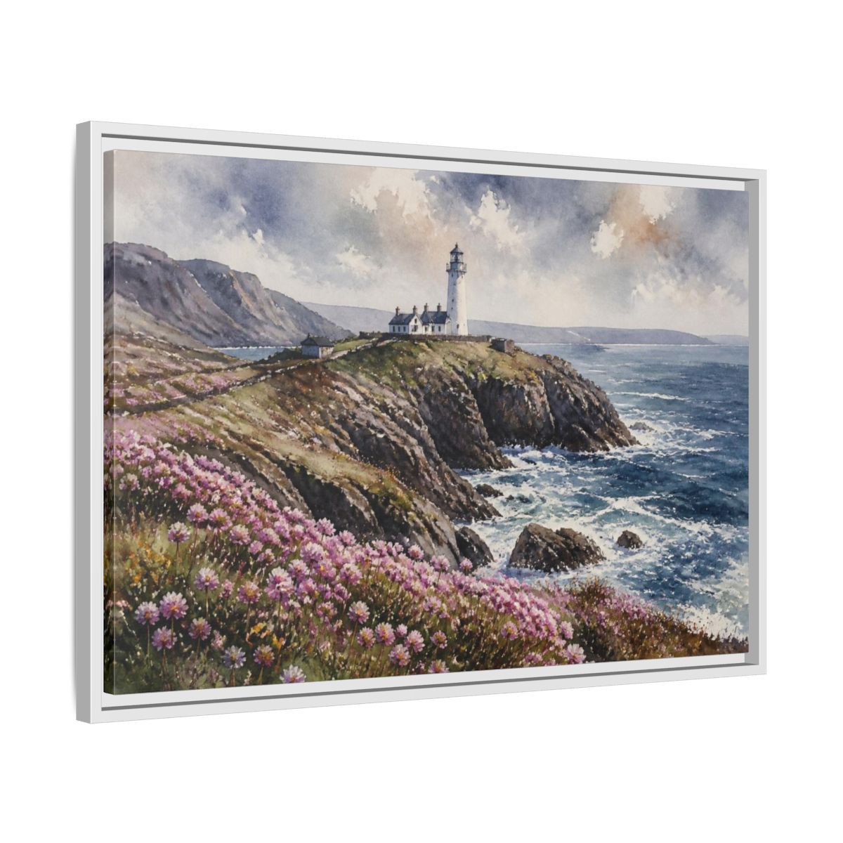 Side Mockup 10. Cliffside Lighthouse Landscape shown as framed canvas print