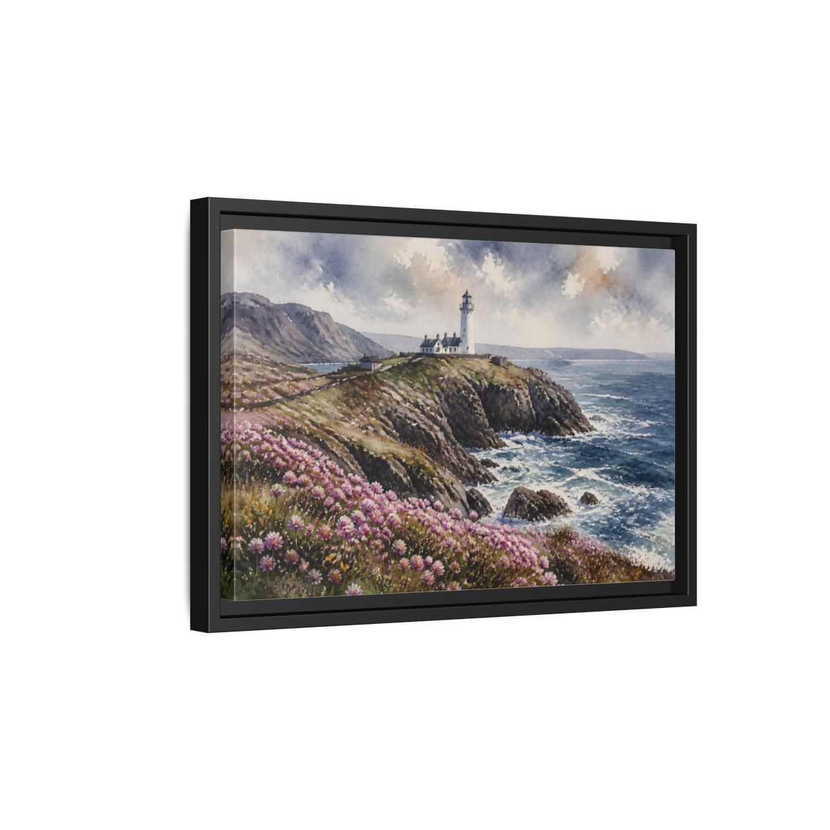 Side Mockup 6. Cliffside Lighthouse Landscape shown as framed canvas print