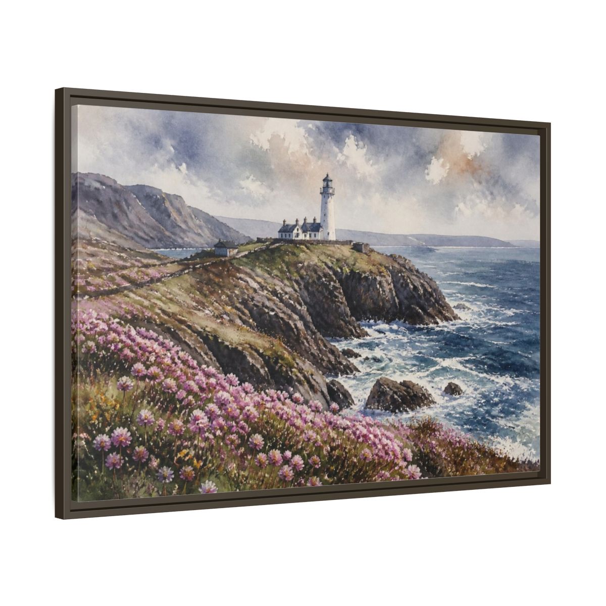 Main Mockup. Cliffside Lighthouse Landscape shown as framed canvas print