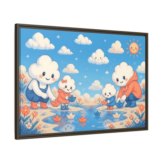 Main Mockup. Cloud Family Paper Boats shown as framed canvas print