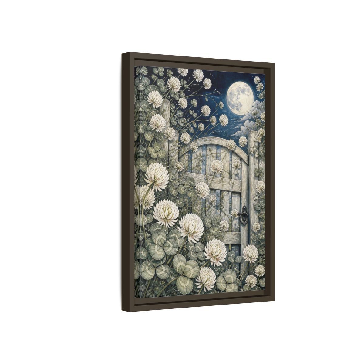 Side Mockup 5. Clover Flowers Garden Gate shown as framed canvas print