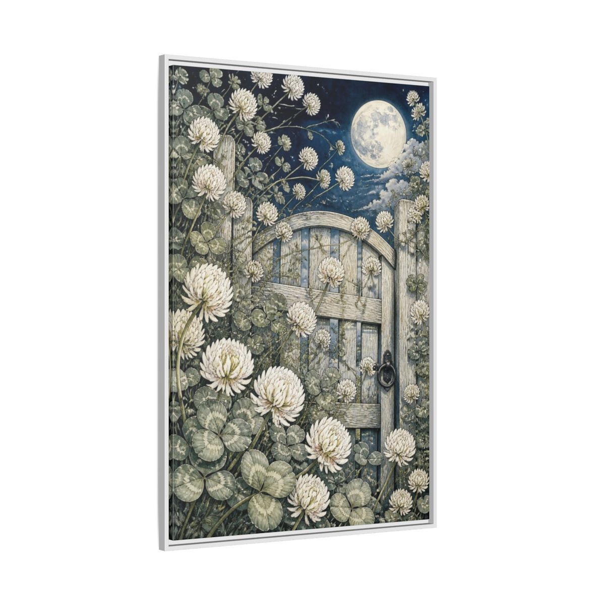 Side Mockup 7. Clover Flowers Garden Gate shown as framed canvas print