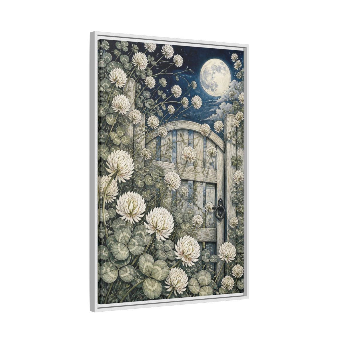 Side Mockup 9. Clover Flowers Garden Gate shown as framed canvas print
