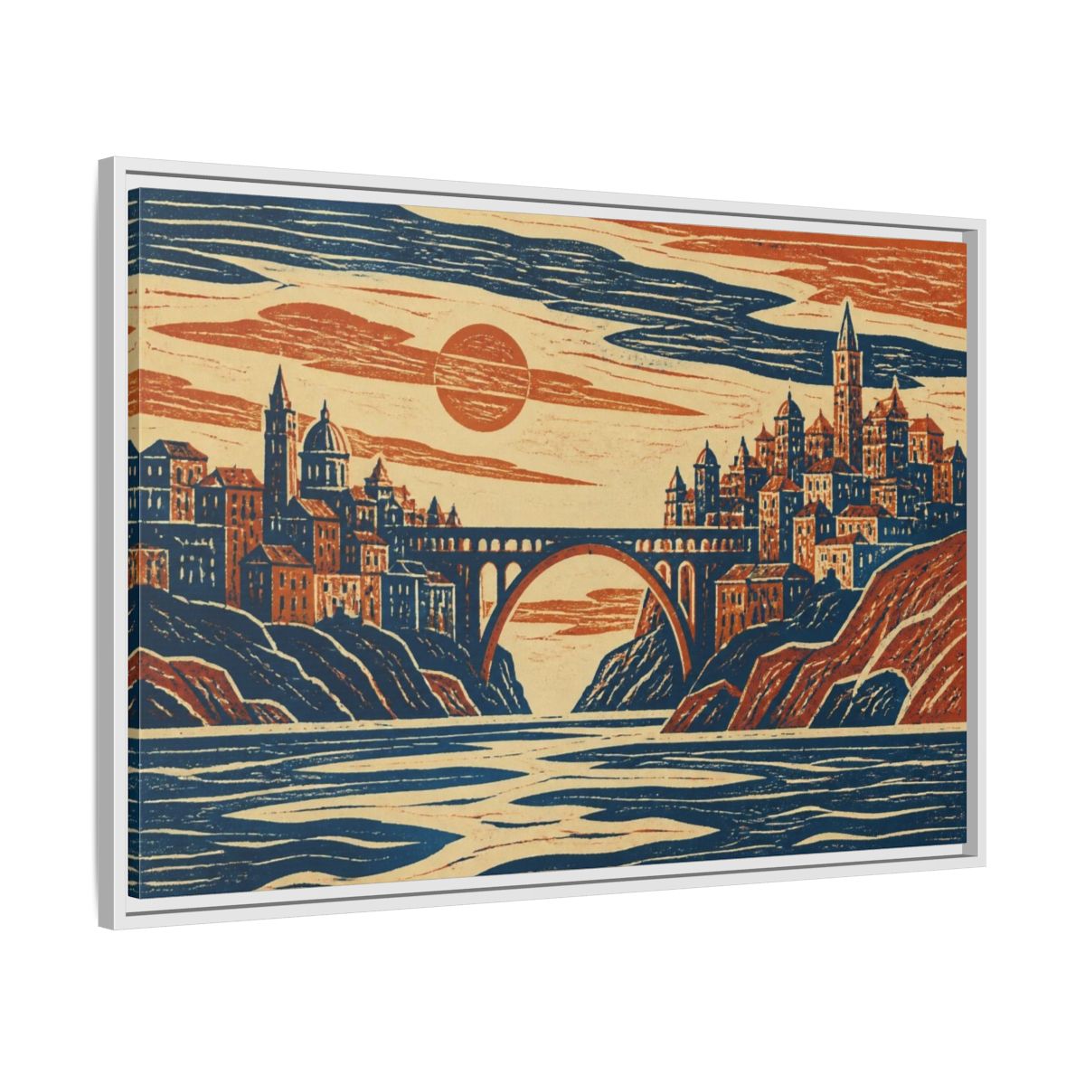 Side Mockup 9. Coastal City At Sunset shown as framed canvas print