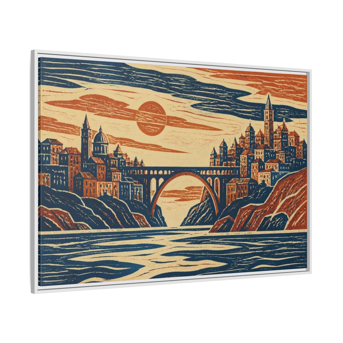 Side Mockup 7. Coastal City At Sunset shown as framed canvas print