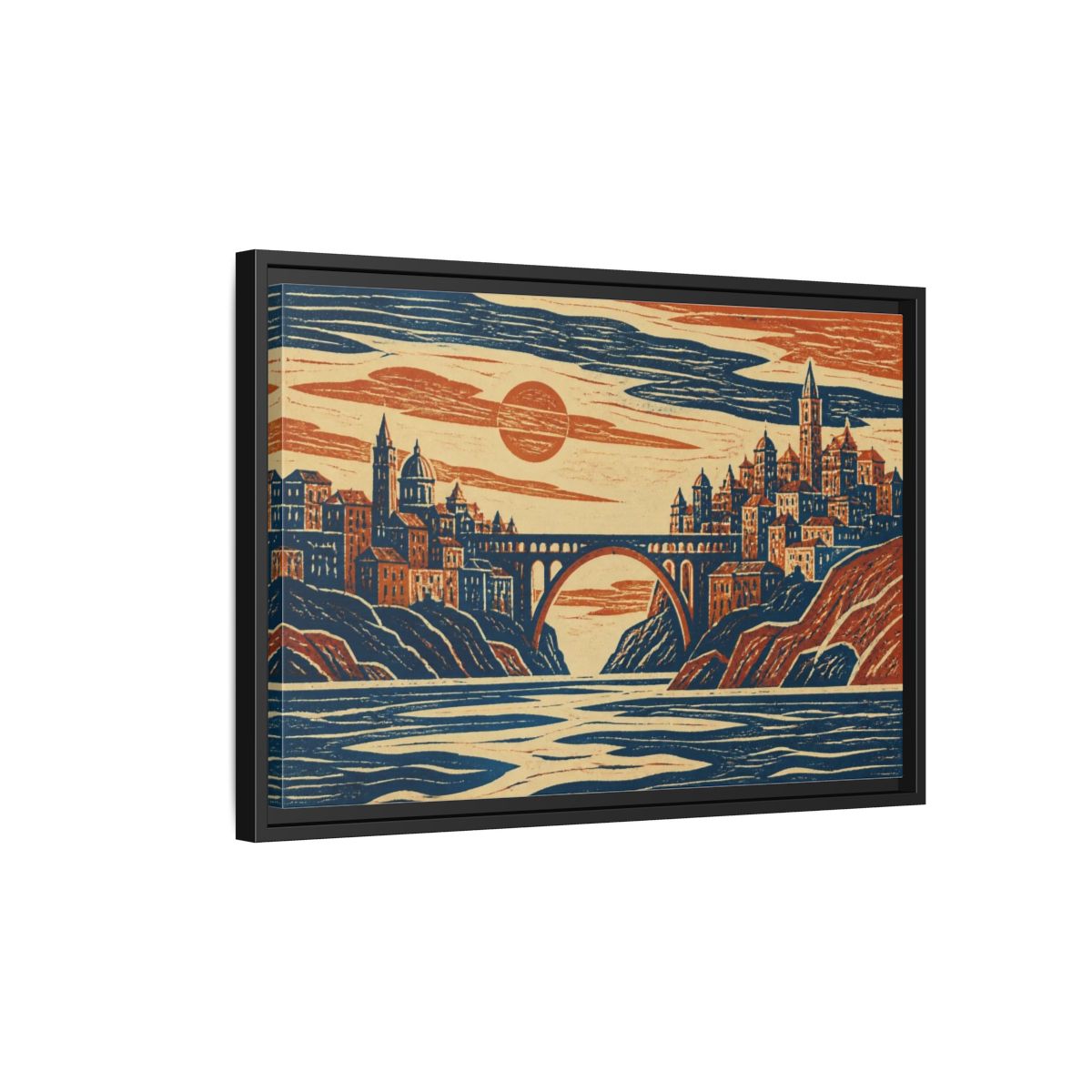 Side Mockup 3. Coastal City At Sunset shown as framed canvas print