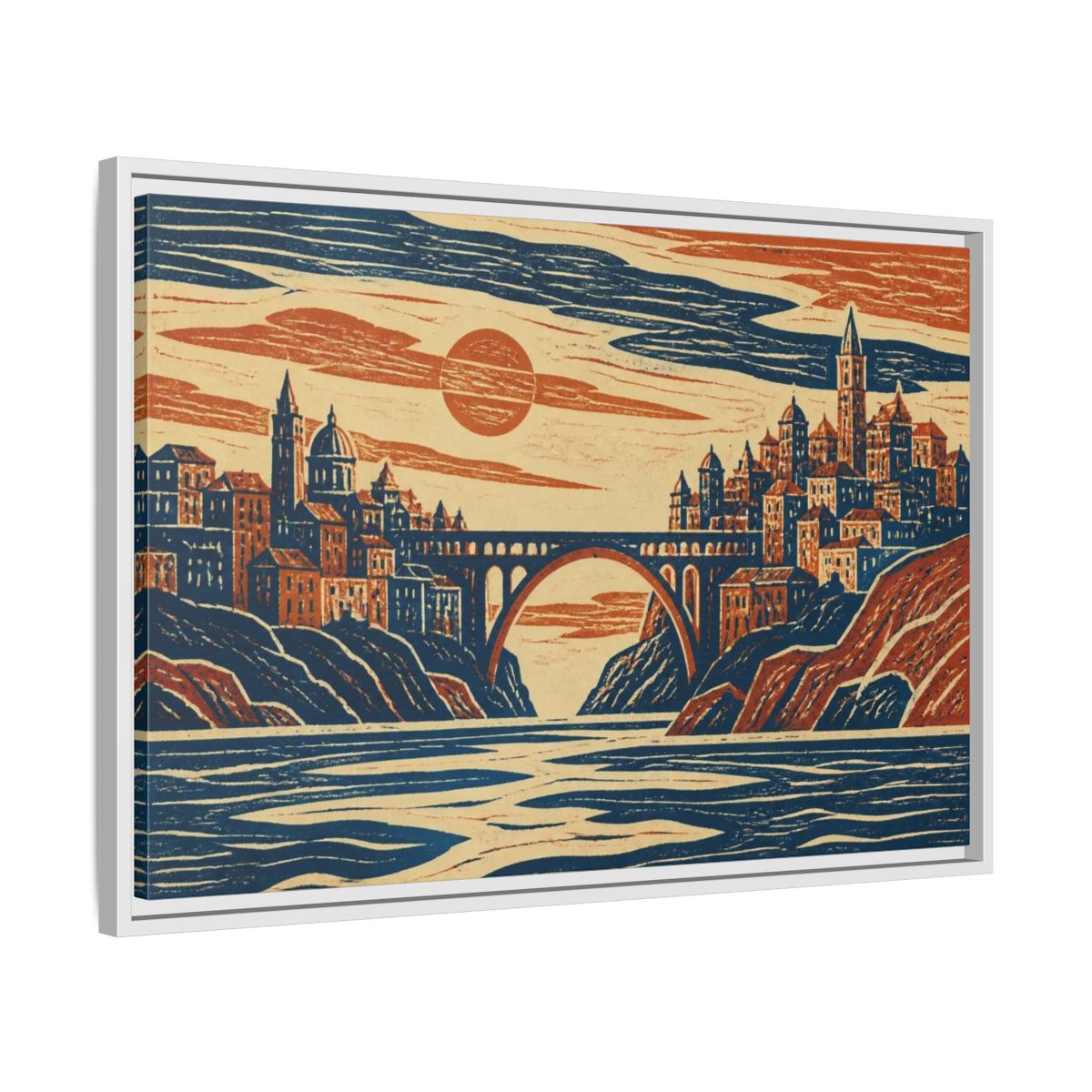 Side Mockup 10. Coastal City At Sunset shown as framed canvas print