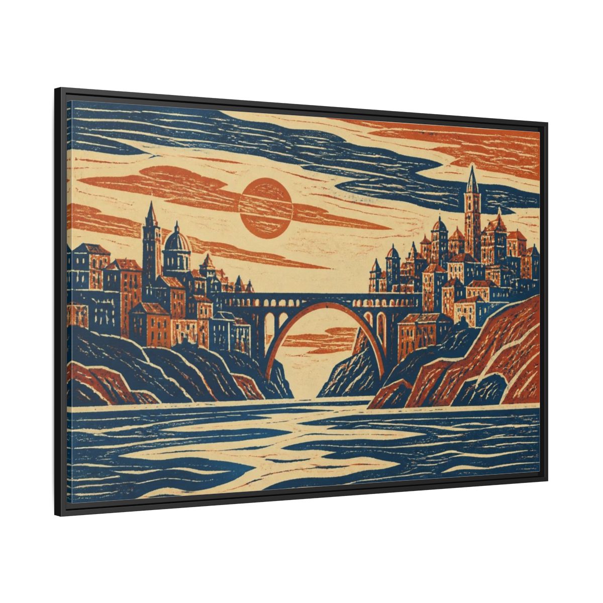 Side Mockup 12. Coastal City At Sunset shown as framed canvas print