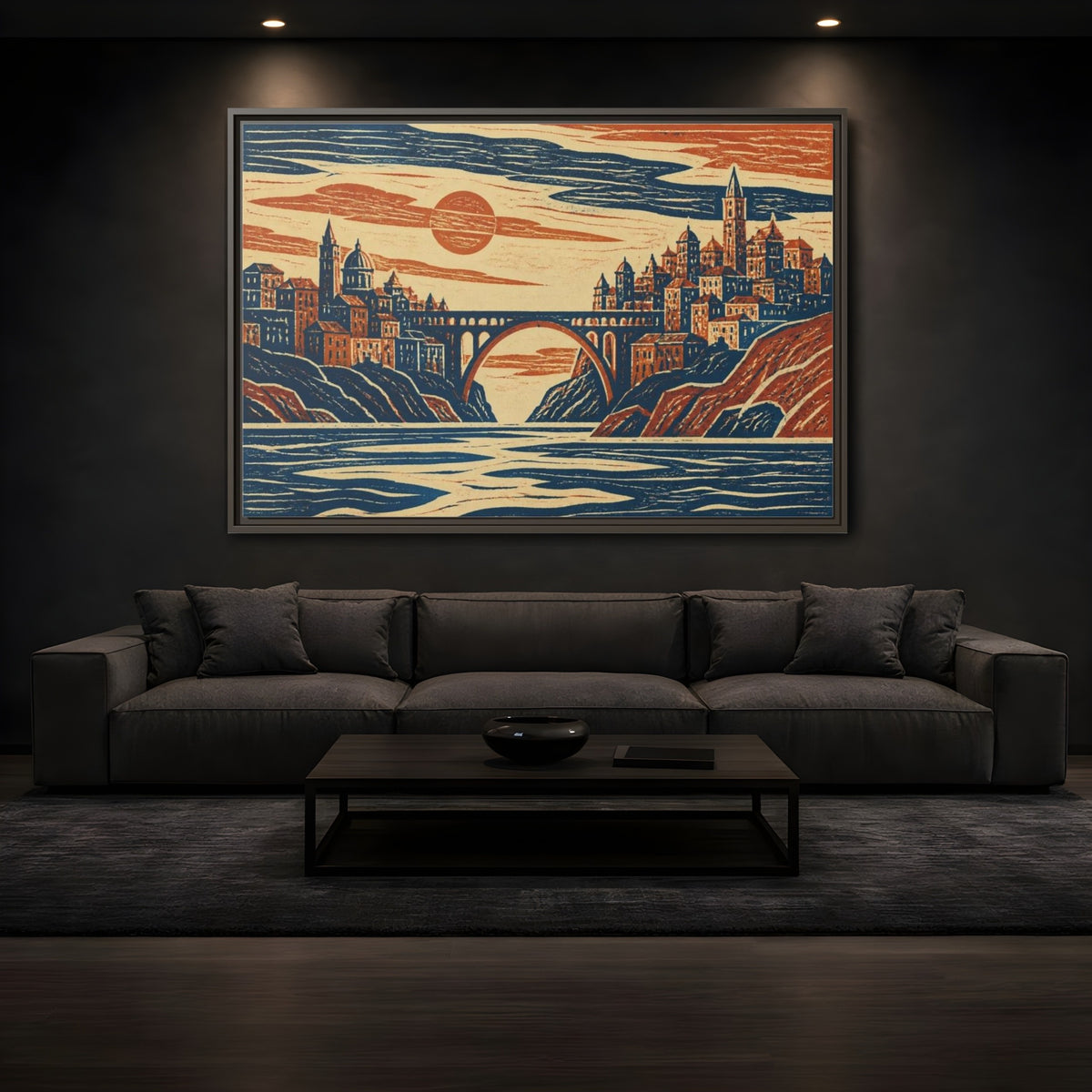 Mockup 3. Coastal City At Sunset shown as framed canvas print