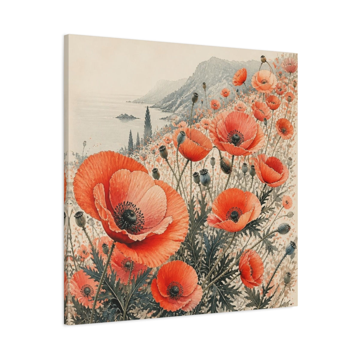 Main Mockup. Coastal Coral Poppy Flowers shown as canvas print