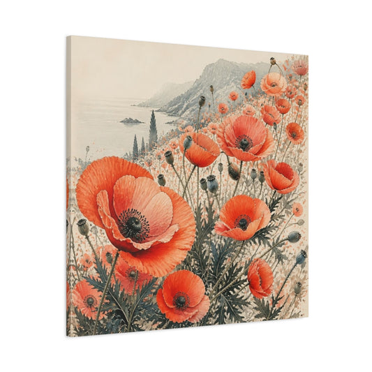 Main Mockup. Coastal Coral Poppy Flowers shown as canvas print