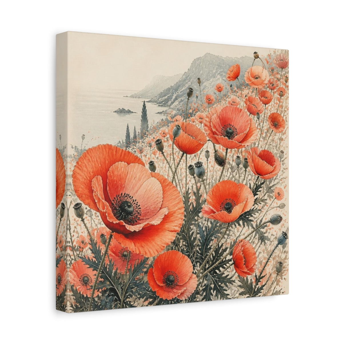 Side Mockup 8. Coastal Coral Poppy Flowers shown as canvas print