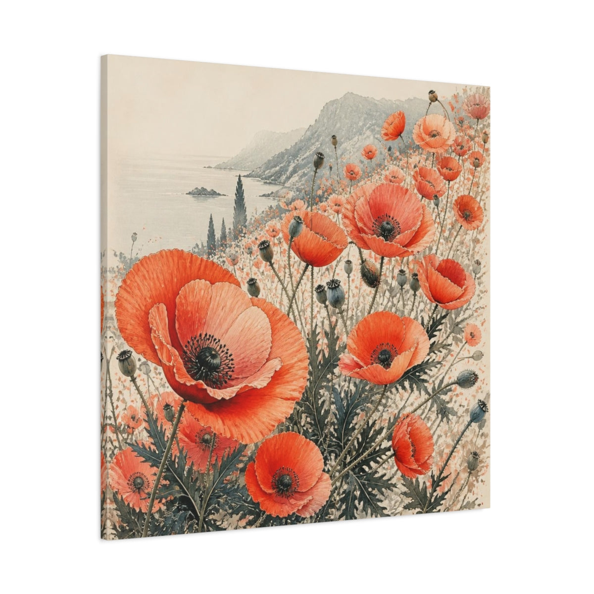Side Mockup 1. Coastal Coral Poppy Flowers shown as canvas print
