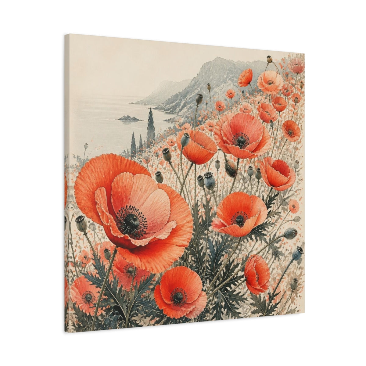 Side Mockup 3. Coastal Coral Poppy Flowers shown as canvas print