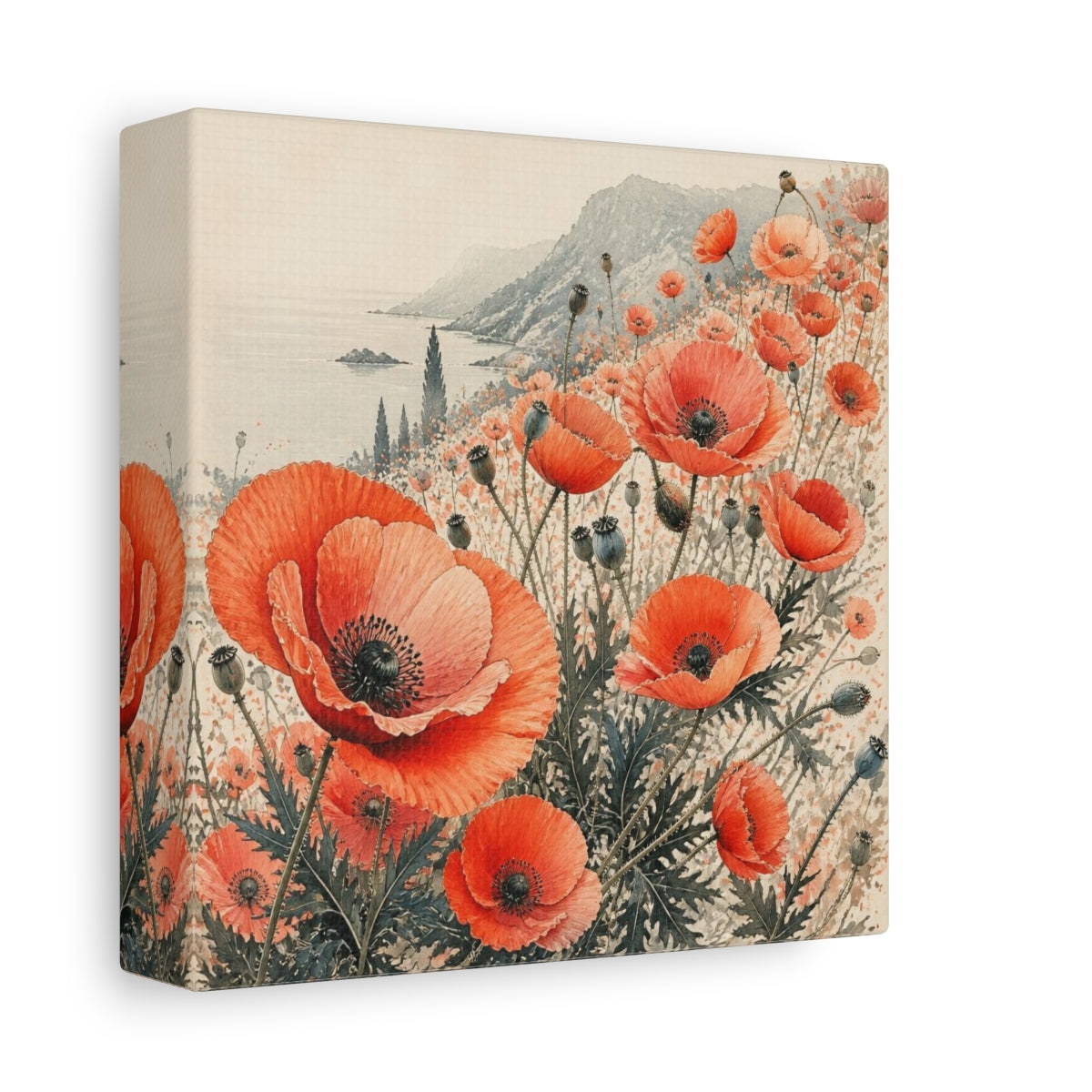 Side Mockup 2. Coastal Coral Poppy Flowers shown as canvas print