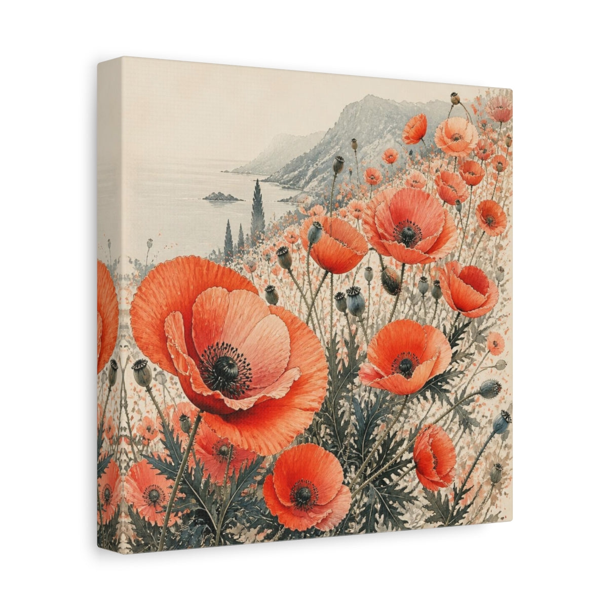Side Mockup 9. Coastal Coral Poppy Flowers shown as canvas print