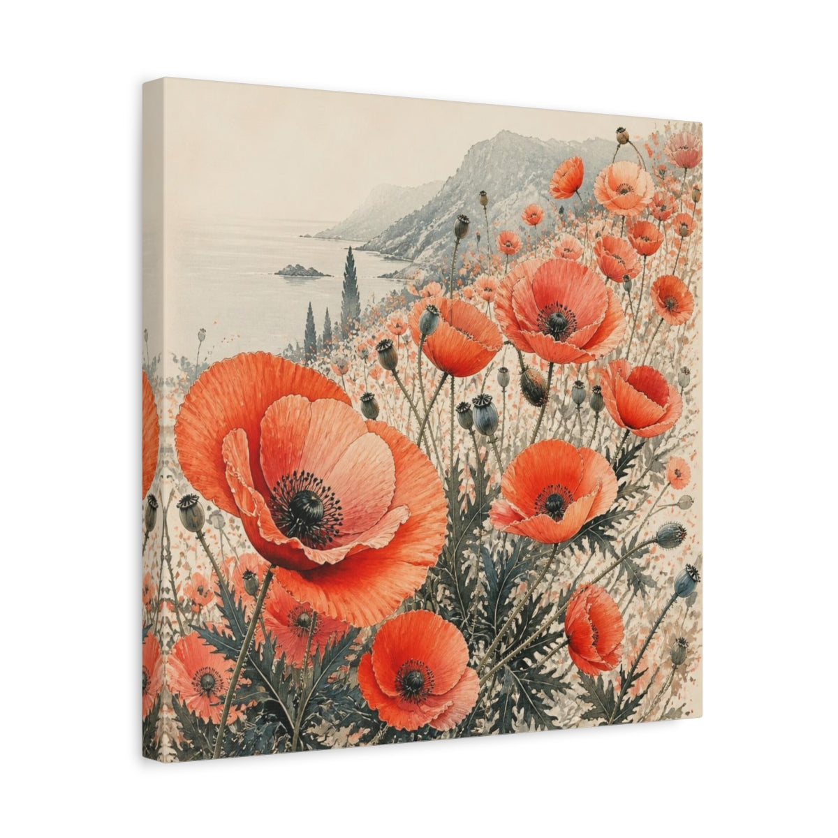 Side Mockup 6. Coastal Coral Poppy Flowers shown as canvas print