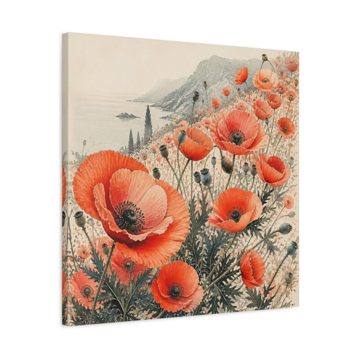 Side Mockup 4. Coastal Coral Poppy Flowers shown as canvas print