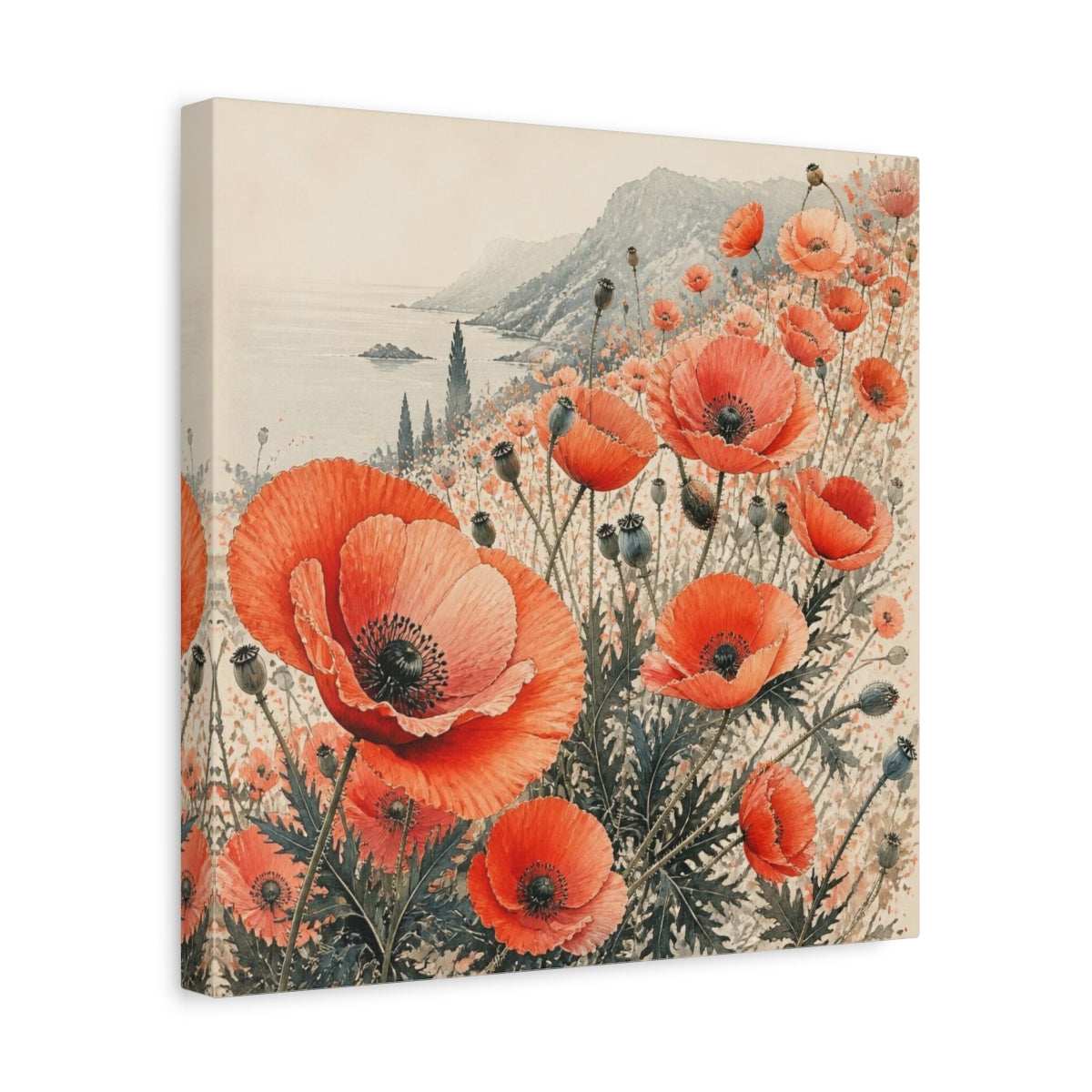 Side Mockup 7. Coastal Coral Poppy Flowers shown as canvas print