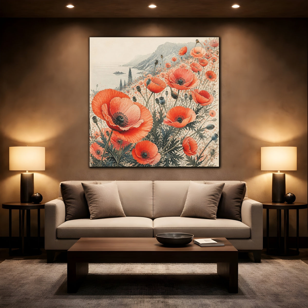 Mockup 2. Coastal Coral Poppy Flowers shown as canvas print