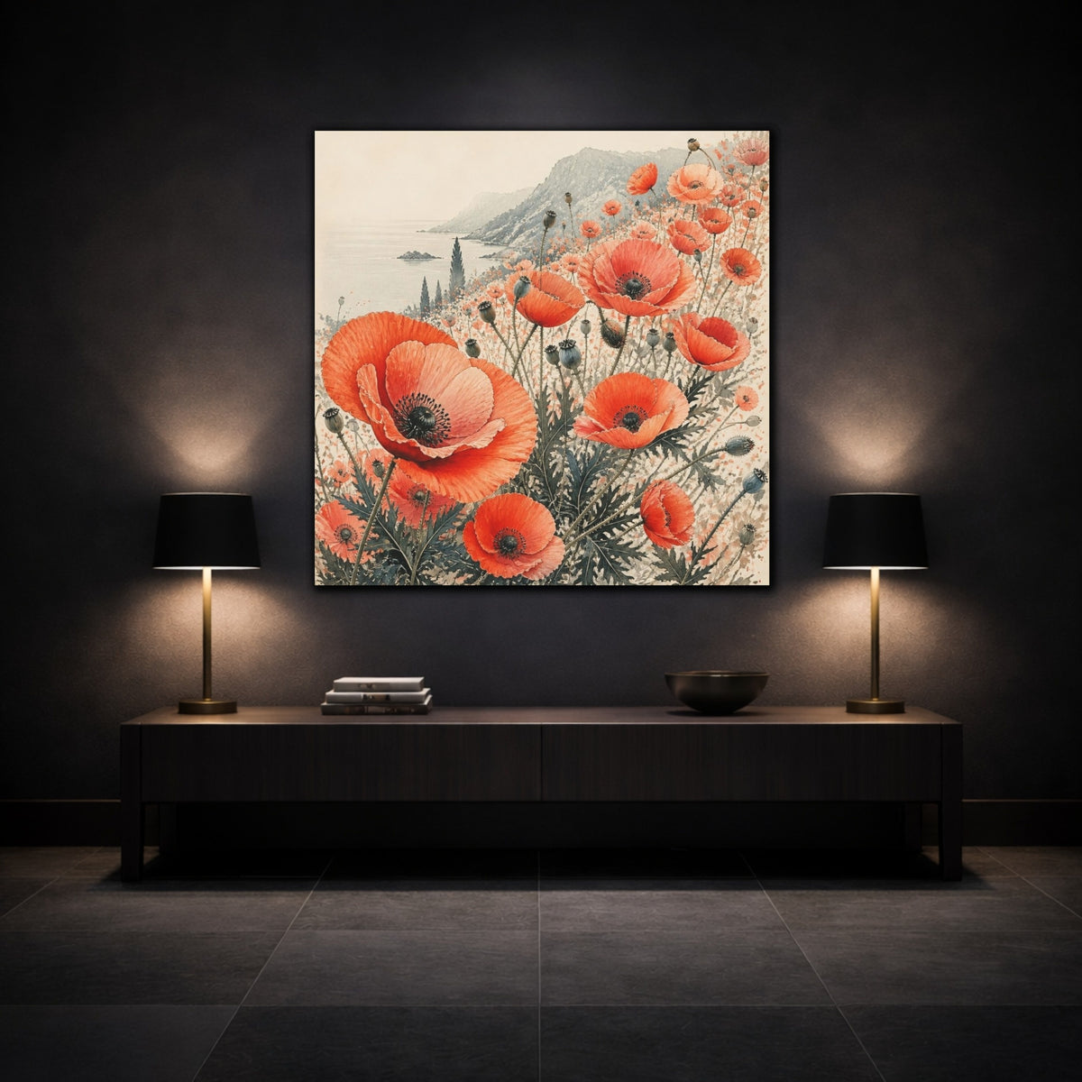 Mockup 3. Coastal Coral Poppy Flowers shown as canvas print
