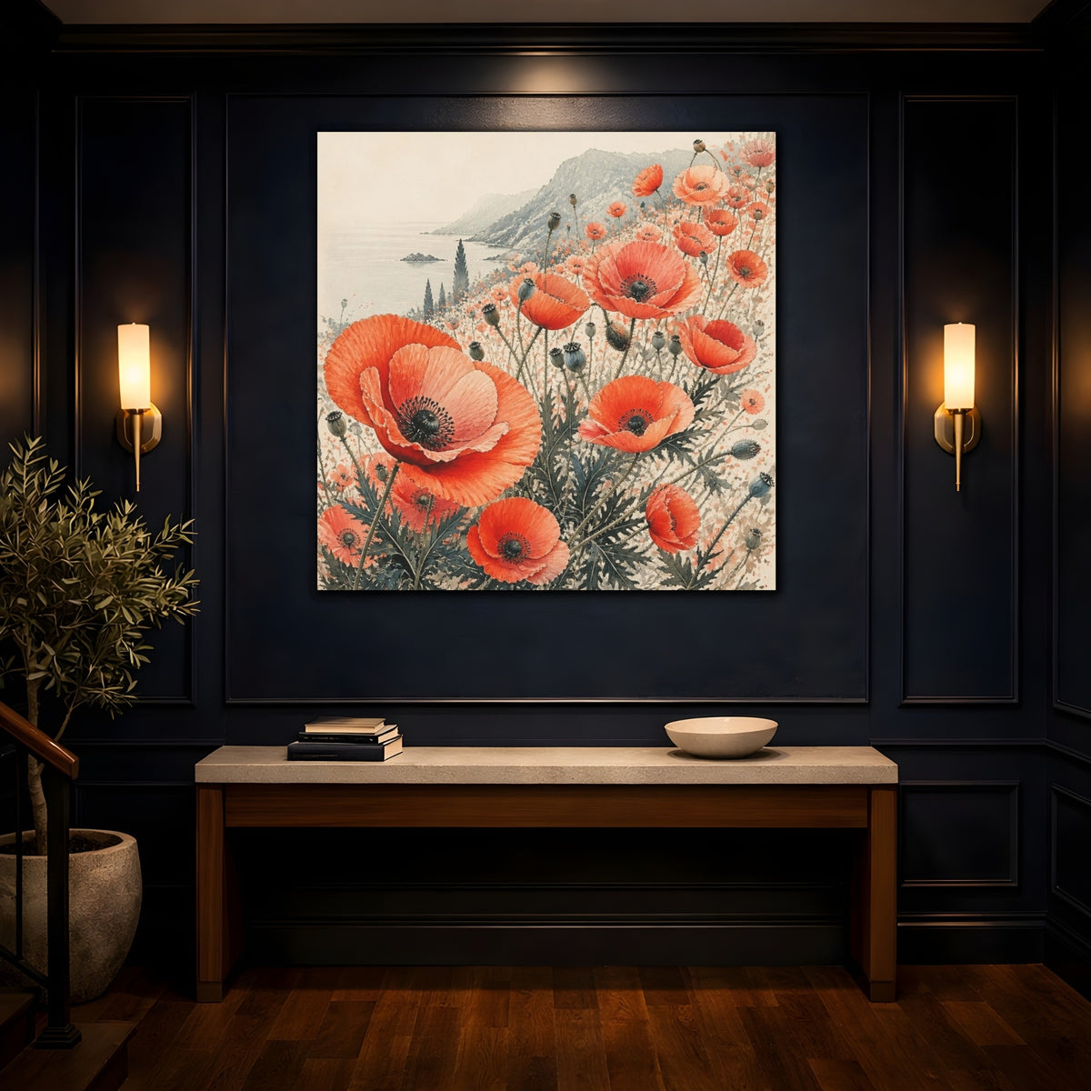 Mockup 4. Coastal Coral Poppy Flowers shown as canvas print