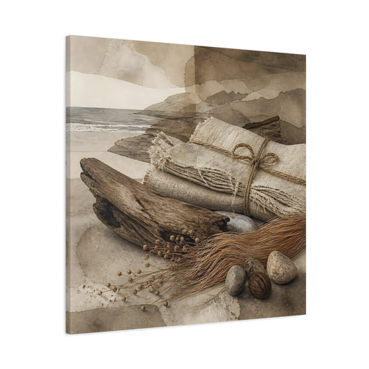 Main Mockup. Coastal Driftwood Still Life shown as canvas print